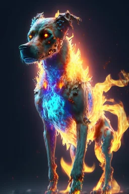 Zombie dog fire humanoid fused ,extremely detailed,crystal clear, mystical colors ,perfectly centered image, perfect composition, rim light, beautiful lighting, 8k, stunning scene, raytracing