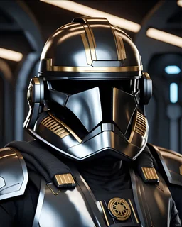 star wars bald male corellian pilot wearing pearlescent black and gunmetal grey First Order special forces armor and helmet with gold trim inside the jedi temple, centered head and shoulders portrait, hyperdetailed, dynamic lighting, hyperdetailed background, 8k resolution, volumetric lighting, light skin, fully symmetric details