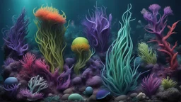 biom creatures, plants from subanautica from deep sea, leviathan's a lot of sea plants very deep, beautiful, river of magma, green and blue, purple