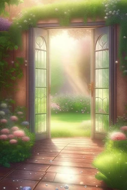 An open door to a beautiful summer garden, ,complex, amazing, magical gentle, sparkling dew drops, dawn, magically, in pastel transparent tones, hyperrealistic, beautiful, lumen, professional photo, 3d, 64k, high resolution, hyperdetalization, hyperrealism, f16,1/300s, highly detailed digital painting, bright, juicy, photorealistic painting, solar illumination in the background, bright lighting, aesthetically pleasing, beautiful, clarity of contours