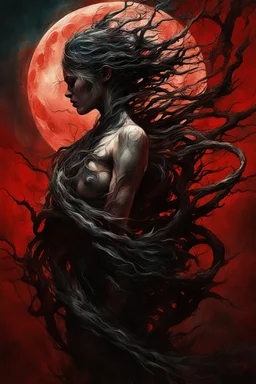 A dramatic digital painting portraying a figure under the Red Moon, veins pulsing, claws of temptation visible, soul in turmoil. In the style of Giger and Salvador Dali and Van Gogh, vivid colors, swirling brushstrokes, highly detailed, 8k resolution, surrealistic., by Ryohei Hase, Agnes Cecile, Raymond Swanland, Anne Bachelie