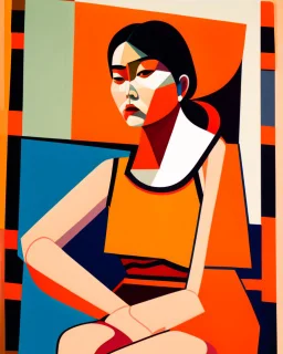 painting of a tired woman sitting on a chair, cubist vibe, sleeveless, oilpaint, variations around female, scarlet and orange blast color dynamics, 1970s philippines, family portrait,centre composition, viet aspect