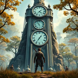 Scene from a modern fantasy action movie featuring the "Garden of Practicality", the Clockwork Forest Realm of Ix Chel, Cyberpunk style. Coloring similar to Lord of the Rings movies. With a hero standing in front of a tower mounting an analog clock.