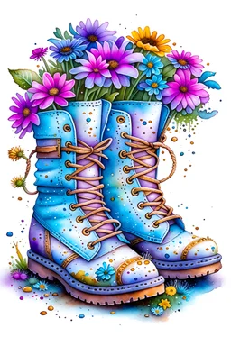 old hiking boots as planters, whimsical mouse looking boots as home, boots filled with colorful flowers, cloyingly sweet and poignant, shabby chic, in the style of Jean-Baptiste Monge, James Gurney, pre-Raphaleite vibe. extremely detailed intricate vibrant very attractive beautiful dynamic lighting high definition crisp quality very cute watercolor sparkling coherent graceful Delicate soft pastel colors, sky blue background. in the style of Leonid Afremov. Masterpiece.