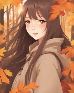 A young girl with long hair and autumn clothes in the autumn forest, beautiful portrait anime