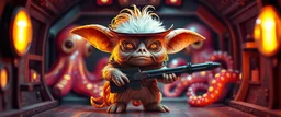 air brush 3d with pen outline,spaghetti boss gunslinger western fluffy elder gremlin edgy hero with slightly glowing eyes in front of glistening space octopi, shallow depth of field, warm lantern, pin hole cam in doll house space ship, bottom floor board edge border