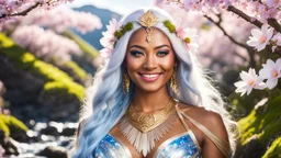 Portrait of a gorgeous smiling polynesian goddess with a golden dark skin, long smooth clear blue white hair, blue eyes, in a sci-fi outfit with luminous strikes in a hill of flowers with sakura trees, a small torrent, loads of mini flowers, moss, sun rays through the branches, particles in the air at spring