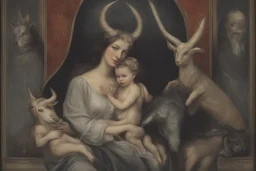 baphomet, attractive woman with head of a goat, holding a human baby, mary mother of jesus composition