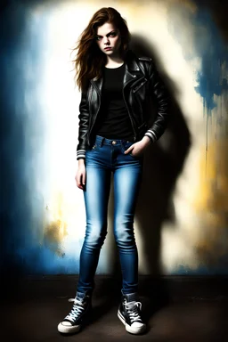 Full body Portrait - digital photograph, chiaroscuro, deep shadows, extremely colorful, vibrant, lifelike, 20th century masterpiece, rich deep colors, highly detailed portrait, beautiful, extremely gorgeous Georgie Henley wearing a black leather biker's jacket, a black "Iron Maiden" T-shirt, Blue Jeans, black Converse sneakers, absolute reality