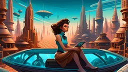 Middle-aged woman with curly tan skin sitting in a futuristic floating vehicle in front of a fantastical sci-fi city skyline with towering spires and structures