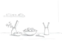 Minimalist outline of a kitchen still life in pencil in the style of the sketches of Van Gogh