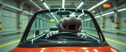 car driving happy 2d neon fluffy hippo scumbag in the style of Escher and Giger and Fallout 4, pinhole cam, airbrush 3d rendering, on tv screen:A five-second cinematic single take in a clean industrial presentation hall.