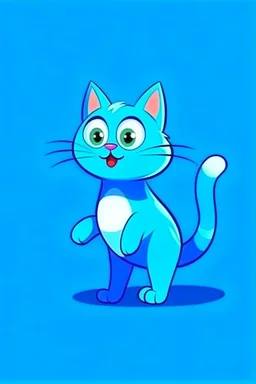 Blue cat stands on one paw, in a cartoon style, vibrant colors.