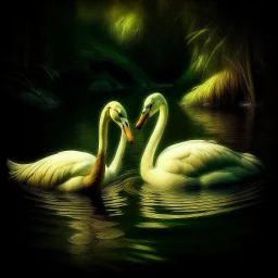 two swans in a romantic lake, dark green and warm yellow color, fantasy atmosphere