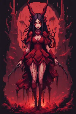 Demon girl wizard in front, fullbody, behind blood guts rising from the ground, horror, nightmare, galaxy, darkred tones, 8bits, pixel art,