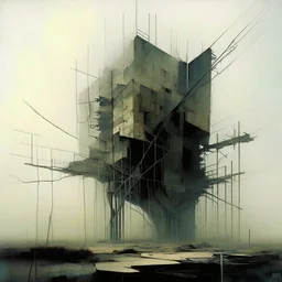 Contemporary abstract painting of Lebbeus Woods brutalist architecture in a wasteland techno decaying landscape. Hazy foggy sky. Concrete ground. Exposed twisted concrete and wires. Style Justin Mortimer and JMW Turner.