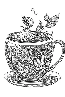 Outline art for coloring page, HIPPIE STYLE ENGLISH TEACUP, coloring page, white background, Sketch style, only use outline, clean line art, white background, no shadows, no shading, no color, clear