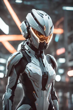 best quality, masterpiece, cg, wallpaper, hdr, high-definition, extremely detailed, photorealistic, 1girl, solo, smooth curves, aggressive, futuristic military cyborgs, cyberpunk, (warframe), stealth, armored, neon lights, white color, epic, character design, hard surface, smooth, detailed face, intricate details, symmetrical, volumetric lighting, ambient light, real-time, vfx