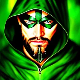 ultra detailed fullbody Portrait in oil on canvas of Green Arrow, extremely detailed digital painting,intrincate, extremely detailed face,crystal clear Big Glowing eyes, mystical colors , perfectly centered image, perfect composition, rim light, beautiful lighting, 8k, stunning scene,extremely sharp detail, finely tuned detail, ultra high definition raytracing, in the style of robert e howard and pablo oliveira and Ken Kelley and Ohrai Noriyoshi and Simon Bisley and tomzj1