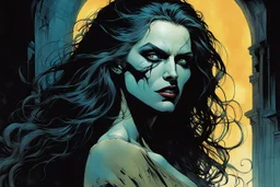 create an arcane, ethereal, otherworldly gaunt ancient female Bruxa vampire , in the comic book art style of Mike Mignola, Bill Sienkiewicz, John Romita Jr., Leonardo Romero, Simone D'ARMINI, and Jean Giraud Moebius, with highly detailed feminine facial features , finely penciled and inked , dramatic natural lighting