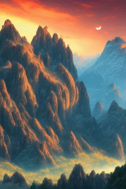 big rock mountains with and orange dawn sky with no clouds close montains anime style