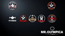 A background suitable for a fitness club with an amazing color theme with several famous fitness logos, bodybuilding logos, and the Mr. Olympia logo at the bottom of the image.