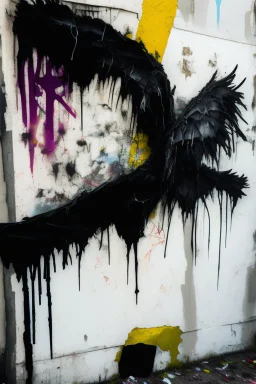 Abstract expressionism oil painting of an Urban alley grunge scene, fallen angel laying on ground in ripped robes, white stained wings, feathers misplaced, slight glowing, but broken halo. Dirty walls, graffiti in Latin, oil on the ground. Harsh shadows and goth undertones. areal view looking down , messy brush strokes, close up