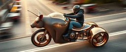 seen from above, tattoo style, motion blur, airbrush art, elon musk riding an awesome trike spaceship in copper, fast one in the shape of a snail is half horse half pig, now its gonna do an awesome gig , bokeh like f/0.8, tilt-shift lens 8k, high detail, smooth render, down-light, unreal engine, prize winning