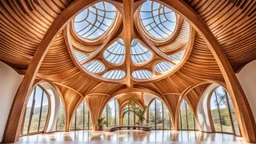 2060 Vista desde el interior de un hermoso e inspirador edificio curvo simétrico construido con elegantes y delgadas vigas de madera entrelazadas, con forma de elegantes parábolas, espirales doradas y círculos. Increíble arquitectura totalmente simétrica, grandes ventanales, ubicación en el campo, noche, estrellas, luciérnagas, montañas distantes, lago, luz natural suave y perfecta, fotografía extremadamente detallada y premiada, hermosa composición, 16k, HDR, enfoque nítido, obra maestra