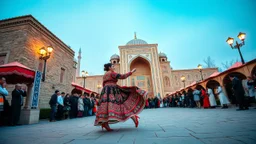 a azeri couple in folk costum dancing in national still,in capital city tabriz in front of Ark,full body shot