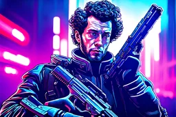 russian poet Alexander Pushkin with big sideburns Ultra realistic photo of a sci-fi cyberpunk, looking into the camera, close-up of with Kalashnikov shotgun, hyperrealistic 16k, 3d rendering, expressively detailed, dynamic light, Cyberpunk, neon lighting. futuristic style, HOF, captured with professional DSLR camera,64k, ultra detailed