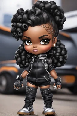 create an airbrush illustration of a chibi cartoon voluptuous black female wearing a black and silver outfit with timberland boots. Prominent make up with hazel eyes. Extremely highly detailed of a long wavy ombre bantu knots. Background of a bike show
