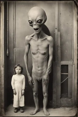 1900's black and white vintage photo, interior teeth warehouse, grey alien human hybrid creature with a family that is sad, captured on square format film, grainy, aged