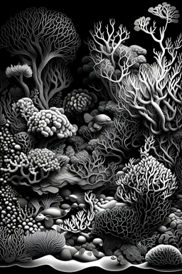 Craft a detailed black and white illustration of a coral reef, capturing its intricate textures and patterns. Use grayscale nuances to convey depth and contrast, highlighting the interplay of light and shadow. Include elements reminiscent of both marine and terrestrial flora, blurring the boundaries between natural realms. Invite viewers to contemplate the beauty and interconnectedness of life forms within the reef's ecosystem