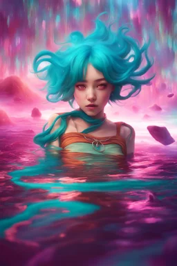 A stunning Anime girl suspended in a kaleidoscope of colors, captured in a photorealistic, cinematic photograph, as if plucked from a dream sequence. Her vibrant turquoise hair flows like a river, contrasting with the muted, earthy tones of her skin, set against a gradient of iridescent pinks and purples, evoking a sense of ethereal mysticism. Soft, cinematic film grain textures the image, infusing it with a sense of nostalgic warmth, as if lit by the flickering lights of a vintage cinema.