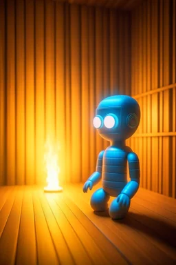 cute chat robot in the sauna, its such a perfect day i am glad i spent it with you, motion blur, smoke, 4k, downlight, soft light, depth of field, photorealism, trending on art station