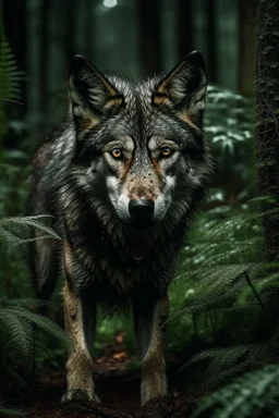 dark and tranquil bosque with much flora and rain, a wolf looking at the camera with sharp eye