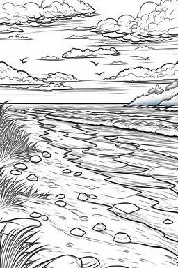 A serene beach at sunset, with footprints leading into the distance along the shore, evokes a sense of relaxation and escape from daily constraints., coloring book page, simple and clean line art, adult drawing book, black and white, crisp black lines, no shades, sharp lines, coloring book for adults, cartoon style, landscape