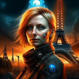 Portrait marianne symbole france cyberpunk, incendie tout eiffel en arrière plan