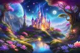 a mesmerizing digital painting, a celestial beautiful fairy garden, faery castle emerges, radiating vibrant luminescent hues against amazing magic cosmos. Its otherworldly form is a bright iridescent colours, that shimmer like precious gems and intricate patterns that seem to dance with life. The image captures every intricate detail of this vivacious picture, showcasing its celestial beauty in stunning high-definition