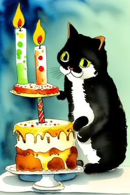 A cute cat is having a birthday cake. Watercolour