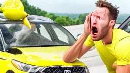 guy in hurricane arguing on phone next to his kia sportage made out of lemons