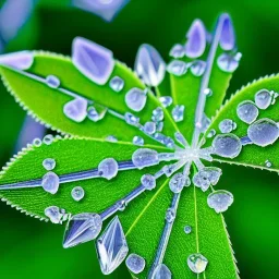 There are many green pointed tender leaves on the flower branches, many crystal clear lavender flowers, and translucent petals curled around its wet flower center. There are crystal dew on the flowers. The hazy gray blue background is clear, and several transparent snowflakes are falling,HD --ar 9:16