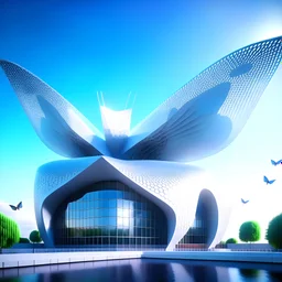 Butterfly-shaped museum intricate minimalist architecture incredibly hyper-detailed 8k digital artwork