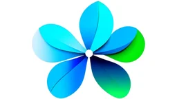 Minimalist illustration of a flower. Shapes are simples. Style is cutout. Colors are vivid, electric blue, electric green and electric grey. White background.