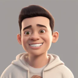 a portrait of smiling young western man. caricature. black hair. short buzz cut hair style. light skin. dark eye pupils. small eyes. round face shape. a bit small goatee, without moustache. white sweatshirt. pixar style. 3D. 4k. portrait. highly detailed. sharp focus. high resolution. full color. cinema lighting