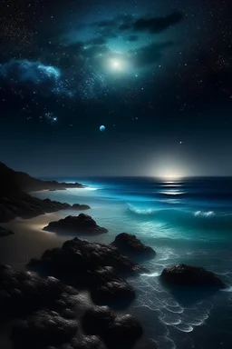 magic sea, realistic, professional photo, 4k, top view, , surf night, full moon, stars in the sky, Milky Way