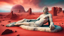 a giant ancient abstract marble statue lies down on the red Mars planet, background ancient ruins, strange psychedelic sky, cold colors, mystic ancient art, very detailed, cinematic, sharp focus, sci-fi style, utopistic ,astral cosmic , masterpiece