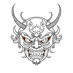 White, minimalis line art , cute oni mask japanes , vector, white background, outline, with images neatly contained within the background, just black and white color, tatto style.