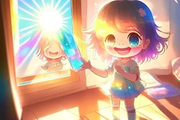 cute chibi holographic girl takes a picture in her hand and looks at it happily in a room in sunshine